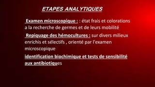 ETAPES ANALYTIQUES
Examen microscopique : : état frais et colorations
a la recherche de germes et de leurs mobilité
Repiquage des hémocultures : sur divers milieux
enrichis et sélectifs , orienté par l'examen
microscopique
identification biochimique et tests de sensibilité
aux antibiotiques
 