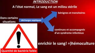 INTRODUCTION
enrichir le sang! =)hémoculture
A l'état normal, Le sang est un milieu stérile
Dans certains
situations
bénignes et transitoires
continues et accompagnés
d'un syndrome infectieux
décharges septiques
Quantité de bactérie faible
 