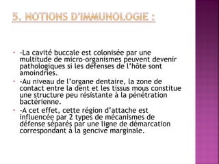  
•

•

•

 

-La cavité buccale est colonisée par une
multitude de micro-organismes peuvent devenir
pathologiques si les défenses de l’hôte sont
amoindries.
-Au niveau de l’organe dentaire, la zone de
contact entre la dent et les tissus mous constitue
une structure peu résistante à la pénétration
bactérienne.
-A cet effet, cette région d’attache est
influencée par 2 types de mécanismes de
défense séparés par une ligne de démarcation
correspondant à la gencive marginale.

 