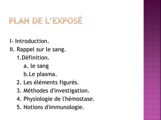   
I- Introduction. 
II. Rappel sur le sang.
1.Définition.
a. le sang
b.Le plasma.
2. Les éléments figurés.
3. Méthodes d'investigation.
4. Physiologie de l'hémostase.
5. Notions d'immunologie.

 