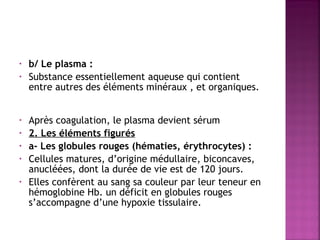 •
•

•
•
•
•
•

b/ Le plasma : 
Substance essentiellement aqueuse qui contient
entre autres des éléments minéraux , et organiques.
Après coagulation, le plasma devient sérum 
2. Les éléments figurés 
a- Les globules rouges (hématies, érythrocytes) :
Cellules matures, d’origine médullaire, biconcaves,
anucléées, dont la durée de vie est de 120 jours.
Elles confèrent au sang sa couleur par leur teneur en
hémoglobine Hb. un déficit en globules rouges
s’accompagne d’une hypoxie tissulaire.

 