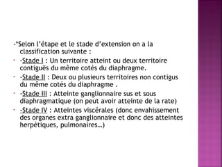 -*Selon l’étape et le stade d’extension on a la
classification suivante :
• -Stade I : Un territoire atteint ou deux territoire
contiguës du même cotés du diaphragme.
• -Stade II : Deux ou plusieurs territoires non contigus
du même cotés du diaphragme .
• -Stade III : Atteinte ganglionnaire sus et sous
diaphragmatique (on peut avoir atteinte de la rate)
• -Stade IV : Atteintes viscérales (donc envahissement
des organes extra ganglionnaire et donc des atteintes
herpétiques, pulmonaires…)

 