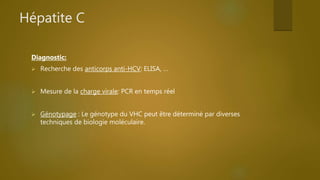 Hépatite C
Diagnostic:
Ac anti HCV
( ELISA)
ARN - VHC
( PCR )
Diagnostic
Négatif Négatif Absence d’infection
Négatif Posit...