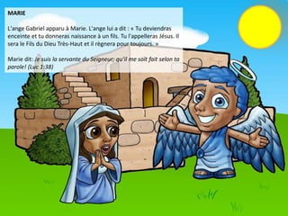 MARIE
L'ange Gabriel apparu à Marie. L'ange lui a dit : « Tu deviendras
enceinte et tu donneras naissance à un fils. Tu l'appelleras Jésus. Il
sera le Fils du Dieu Très-Haut et il règnera pour toujours. »
Marie dit: Je suis la servante du Seigneur; qu'il me soit fait selon ta
parole! (Luc 1:38)
 