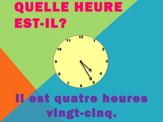 QUELLE HEURE 
EST-IL? 
Il est quatre heures 
vingt-cinq. 
 