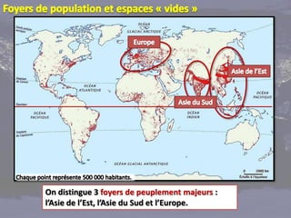 On distingue 3 foyers de peuplement majeurs :
l’Asie de l’Est, l’Asie du Sud et l’Europe.
 