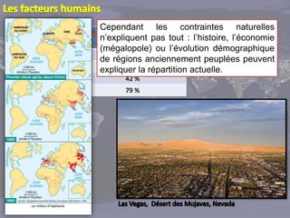 Cependant les contraintes naturelles
           n’expliquent pas tout : l’histoire, l’économie
           (mégalopole) ou l’évolution démographique
Colombie          26 %
           de régions anciennement peuplées peuvent
Equateur   expliquer%la répartition actuelle.
                  34
 Pérou           42 %
 Bolivie         79 %
 