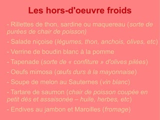 Les hors-d'oeuvre froids 
- Rillettes de thon, sardine ou maquereau (sorte de 
purées de chair de poisson) 
- Salade niçoise (légumes, thon, anchois, olives, etc) 
- Verrine de boudin blanc à la pomme 
- Tapenade (sorte de « confiture » d'olives pilées) 
- Oeufs mimosa (oeufs durs à la mayonnaise) 
- Soupe de melon au Sauternes (vin blanc) 
- Tartare de saumon (chair de poisson coupée en 
petit dés et assaisonée – huile, herbes, etc) 
- Endives au jambon et Maroilles (fromage) 
