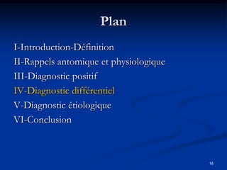 Plan
I-Introduction-Définition
II-Rappels antomique et physiologique
III-Diagnostic positif
IV-Diagnostic différentiel
V-Diagnostic étiologique
VI-Conclusion



                                        18
 