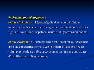 6- Orientations étiologiques :
a) foie cirrhotique : hépatomégalie dure à bord inférieur
tranchant. La face antérieure est granitée ou nodulaire, avec des
signes d’insuffisance hépatocellulaire et d’hypertension portale.


b) foie cardiaque : l’hépatomégalie est douloureuse, de surface
lisse, de consistance ferme, avec le traitement elle change de
volume, on parle de « foie accordéon ». on retrouve des signes
d’insuffisance cardiaque droite,


                                                                 28
 