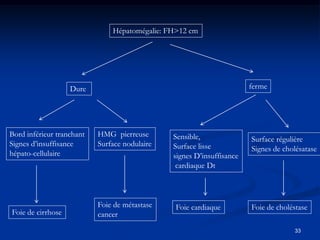 Hépatomégalie: FH>12 cm




                   Dure                                                ferme




Bord inférieur tranchant   HMG pierreuse       Sensible,               Surface régulière
Signes d’insuffisance      Surface nodulaire   Surface lisse           Signes de cholésatase
hépato-cellulaire                              signes D’insuffisance
                                                cardiaque Dt



                           Foie de métastase   Foie cardiaque          Foie de choléstase
Foie de cirrhose           cancer
                                                                                    33
 