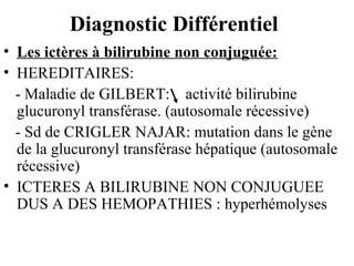 Diagnostic Différentiel
• Les ictères à bilirubine non conjuguée:
• HEREDITAIRES:
- Maladie de GILBERT: activité bilirubine
glucuronyl transférase. (autosomale récessive)
- Sd de CRIGLER NAJAR: mutation dans le gène
de la glucuronyl transférase hépatique (autosomale
récessive)
• ICTERES A BILIRUBINE NON CONJUGUEE
DUS A DES HEMOPATHIES : hyperhémolyses

 