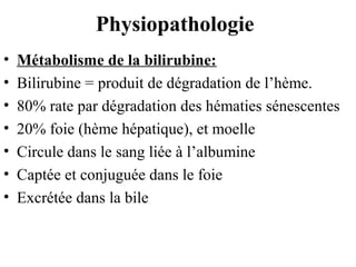 Physiopathologie
•
•
•
•
•
•
•

Métabolisme de la bilirubine:
Bilirubine = produit de dégradation de l’hème.
80% rate par dégradation des hématies sénescentes
20% foie (hème hépatique), et moelle
Circule dans le sang liée à l’albumine
Captée et conjuguée dans le foie
Excrétée dans la bile

 