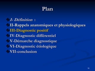 Plan
I- Définition :
II-Rappels anatomiques et physiologiques
III-Diagnostic positif
IV-Diagnostic différentiel
V-Démarche diagnostique
VI-Diagnostic étiologique
VII-conclusion


                                            10
 
