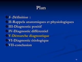Plan
I- Définition :
II-Rappels anatomiques et physiologiques
III-Diagnostic positif
IV-Diagnostic différentiel
V-Démarche diagnostique
VI-Diagnostic étiologique
VII-conclusion


                                            19
 