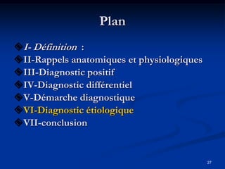 Plan
I- Définition :
II-Rappels anatomiques et physiologiques
III-Diagnostic positif
IV-Diagnostic différentiel
V-Démarche diagnostique
VI-Diagnostic étiologique
VII-conclusion


                                            27
 