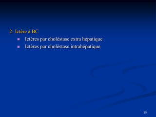 2- Ictère à BC
     Ictères par choléstase extra hépatique

     Ictères par cholèstase intrahépatique




                                               30
 