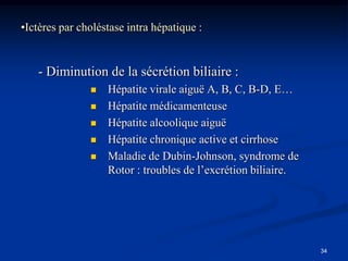 •Ictères par choléstase intra hépatique :


   - Diminution de la sécrétion biliaire :
                  Hépatite virale aiguë A, B, C, B-D, E…
                  Hépatite médicamenteuse
                  Hépatite alcoolique aiguë
                  Hépatite chronique active et cirrhose
                  Maladie de Dubin-Johnson, syndrome de
                   Rotor : troubles de l’excrétion biliaire.




                                                               34
 