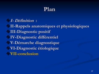 Plan
I- Définition :
II-Rappels anatomiques et physiologiques
III-Diagnostic positif
IV-Diagnostic différentiel
V-Démarche diagnostique
VI-Diagnostic étiologique
VII-conclusion


                                            37
 
