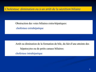 Choléstase :diminution ou à un arrêt de la sécrétion biliaire



        Obstruction des voies biliaires extra-hépatiques:
        choléstase extrahépatique




        Arrêt ou diminution de la formation de bile, du fait d’une atteinte des
            hépatocytes ou de petits canaux biliaires:
        choléstase intrahépatique




                                                                                  9
 