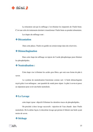 La trituration suit par la raffinage c’est éliminer les impuretés de l’huile brute.
C’est une série de traitements destinés à transformer l’huile brute en produit alimentaire.
Les étapes du raffinage sont :
Décantation
Dans cette phase, l’huile est gardée un certain temps dans des réservoirs.
Démucilagination
Dans cette étape du raffinage on injecte de l’acide phosphorique pour éliminer
les phospholipides.
Neutralisation :
Cette étape vise à éliminer les acides gras libres, qui sont sous forme de pâte à
savon.
Le système de neutralisation fonctionne comme suit : L’huile démucilaginée
reçoit grâce à un mélangeur , une quantité de soude pour sépare la pâte à savon et passe
au séparateur pour avoir une huile neutralisée.
Le Lavage
cette étape à pour objectif d’éliminer les dernières traces de phospholipides.
On procède à deux lavage successifs : injection de l’eau chaude dans l’huile
neutralisée. De la même façon, le deuxième lavage qui permet d’obtenir une huile ayant
moins de savon.
Séchage
15
 