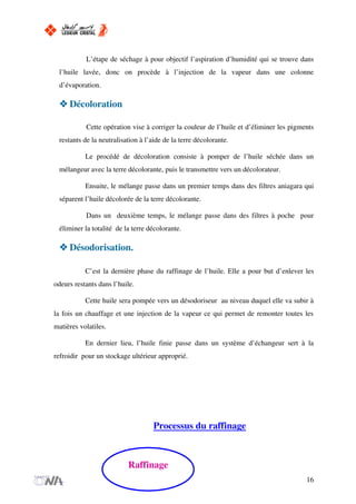 L’étape de séchage à pour objectif l’aspiration d’humidité qui se trouve dans
l’huile lavée, donc on procède à l’injection de la vapeur dans une colonne
d’évaporation.
Décoloration
Cette opération vise à corriger la couleur de l’huile et d’éliminer les pigments
restants de la neutralisation à l’aide de la terre décolorante.
Le procédé de décoloration consiste à pomper de l’huile séchée dans un
mélangeur avec la terre décolorante, puis le transmettre vers un décolorateur.
Ensuite, le mélange passe dans un premier temps dans des filtres aniagara qui
séparent l’huile décolorée de la terre décolorante.
Dans un deuxième temps, le mélange passe dans des filtres à poche pour
éliminer la totalité de la terre décolorante.
Désodorisation.
C’est la dernière phase du raffinage de l’huile. Elle a pour but d’enlever les
odeurs restants dans l’huile.
Cette huile sera pompée vers un désodoriseur au niveau duquel elle va subir à
la fois un chauffage et une injection de la vapeur ce qui permet de remonter toutes les
matières volatiles.
En dernier lieu, l’huile finie passe dans un système d’échangeur sert à la
refroidir pour un stockage ultérieur approprié.
Processus du raffinage
16
Raffinage
 