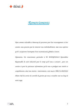 Remerciements
Nous sommes redevables à beaucoup de personnes pour leur encouragement et leur
soutien, nous pouvons pas les remercier tous individuellement, mais nous espérons
qu’ils accepteront l’anonymat d’une reconnaissance globale et sincère.
Néanmoins, Un remerciement particulier à M. BOUNOUALA Noureddine
Responsable de suivi industriel pour le temps qu’il nous a consacré , pour son
soutien et pour les précieuses informations qu’ils nous a prodigué avec intérêt et
compréhension, ainsi mes sincères remerciements, vont aussi à Mlle ELAZOUZI
Jihane chef du service de contrôle de gestion qui nous a encadrés tout au long de
notre stage.
2
 