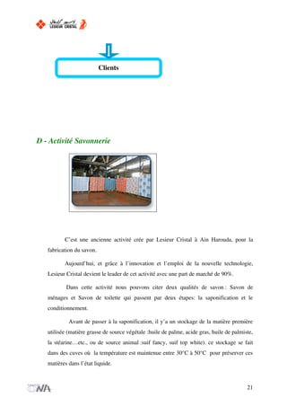 D - Activité Savonnerie
C’est une ancienne activité crée par Lesieur Cristal à Ain Harouda, pour la
fabrication du savon.
Aujourd’hui, et grâce à l’innovation et l’emploi de la nouvelle technologie,
Lesieur Cristal devient le leader de cet activité avec une part de marché de 90%.
Dans cette activité nous pouvons citer deux qualités de savon : Savon de
ménages et Savon de toilette qui passent par deux étapes: la saponification et le
conditionnement.
Avant de passer à la saponification, il y’a un stockage de la matière première
utilisée (matière grasse de source végétale :huile de palme, acide gras, huile de palmiste,
la stéarine…etc., ou de source animal :suif fancy, suif top white). ce stockage se fait
dans des cuves où la température est maintenue entre 30°C à 50°C pour préserver ces
matières dans l’état liquide.
21
Clients
 