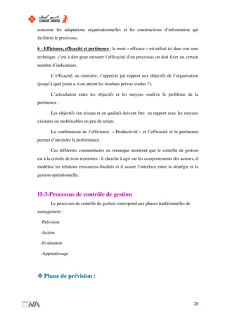 concerne les adaptations organisationnelles et les constructions d’information qui
facilitent le processus.
6 - Efficience, efficacité et pertinence : le mots « efficace » est utilisé ici dans son sens
technique, c’est à dire pour mesurer l’efficacité d’un processus on doit fixer un certain
nombre d’indicateurs.
L’efficacité, au contraire, s’apprécie par rapport aux objectifs de l’organisation
(jusqu’à quel point a- t-on atteint les résultats prévus voulus ?).
L’articulation entre les objectifs et les moyens soulève le problème de la
pertinence :
Les objectifs (en niveau et en qualité) doivent être en rapport avec les moyens
existants ou mobilisables en peu de temps.
La combinaison de l’efficience « Productivité » et l’efficacité et la pertinence
permet d’atteindre la performance.
Ces différents commentaires ou remarque montrent que le contrôle de gestion
est à la croisée de trois territoires : il cherche à agir sur les comportements des acteurs, il
modélise les relations ressources-finalités et il assure l’interface entre la stratégie et la
gestion opérationnelle.
II-3-Processus de contrôle de gestion
Le processus de contrôle de gestion correspond aux phases traditionnelles de
management :
-Prévision
-Action
-Evaluation
-Apprentissage
Phase de prévision :
28
 
