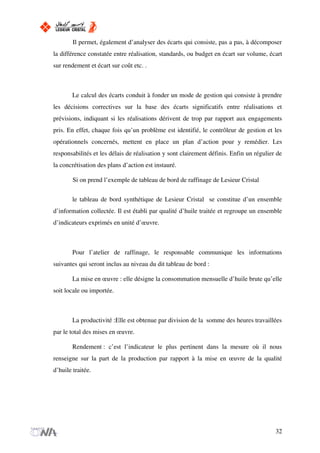 Il permet, également d’analyser des écarts qui consiste, pas a pas, à décomposer
la différence constatée entre réalisation, standards, ou budget en écart sur volume, écart
sur rendement et écart sur coût etc. .
Le calcul des écarts conduit à fonder un mode de gestion qui consiste à prendre
les décisions correctives sur la base des écarts significatifs entre réalisations et
prévisions, indiquant si les réalisations dérivent de trop par rapport aux engagements
pris. En effet, chaque fois qu’un problème est identifié, le contrôleur de gestion et les
opérationnels concernés, mettent en place un plan d’action pour y remédier. Les
responsabilités et les délais de réalisation y sont clairement définis. Enfin un régulier de
la concrétisation des plans d’action est instauré.
Si on prend l’exemple de tableau de bord de raffinage de Lesieur Cristal
le tableau de bord synthétique de Lesieur Cristal se constitue d’un ensemble
d’information collectée. Il est établi par qualité d’huile traitée et regroupe un ensemble
d’indicateurs exprimés en unité d’œuvre.
Pour l’atelier de raffinage, le responsable communique les informations
suivantes qui seront inclus au niveau du dit tableau de bord :
La mise en œuvre : elle désigne la consommation mensuelle d’huile brute qu’elle
soit locale ou importée.
La productivité :Elle est obtenue par division de la somme des heures travaillées
par le total des mises en œuvre.
Rendement : c’est l’indicateur le plus pertinent dans la mesure où il nous
renseigne sur la part de la production par rapport à la mise en œuvre de la qualité
d’huile traitée.
32
 