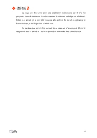 Ce stage est donc pour mois une expérience enrichissante car il m’a fait
progresser dans de nombreux domaines comme le domaine technique et relationnel.
Grâce à ce projet, on a une idée beaucoup plus précise du travail en entreprise et
l’assurance que je me dirige dans la bonne vois.
On gardera donc un très bon souvenir de ce stage qui m’a permis de découvrir
une passion pour le travail, et l’envie de poursuivre mes études dans cette direction.
35
 