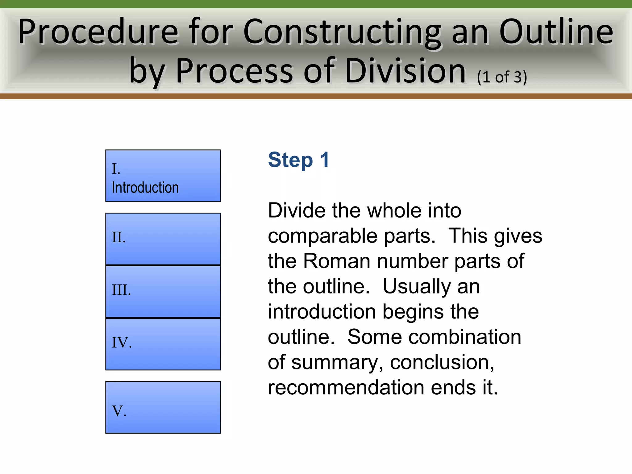 Procedure for Constructing an Outline
      by Process of Division (1 of 3)

     I.             Step 1
     Introduction
                    Divide the whole into
     II.            comparable parts. This gives
                    the Roman number parts of
     III.           the outline. Usually an
                    introduction begins the
     IV.            outline. Some combination
                    of summary, conclusion,
                    recommendation ends it.
     V.
 