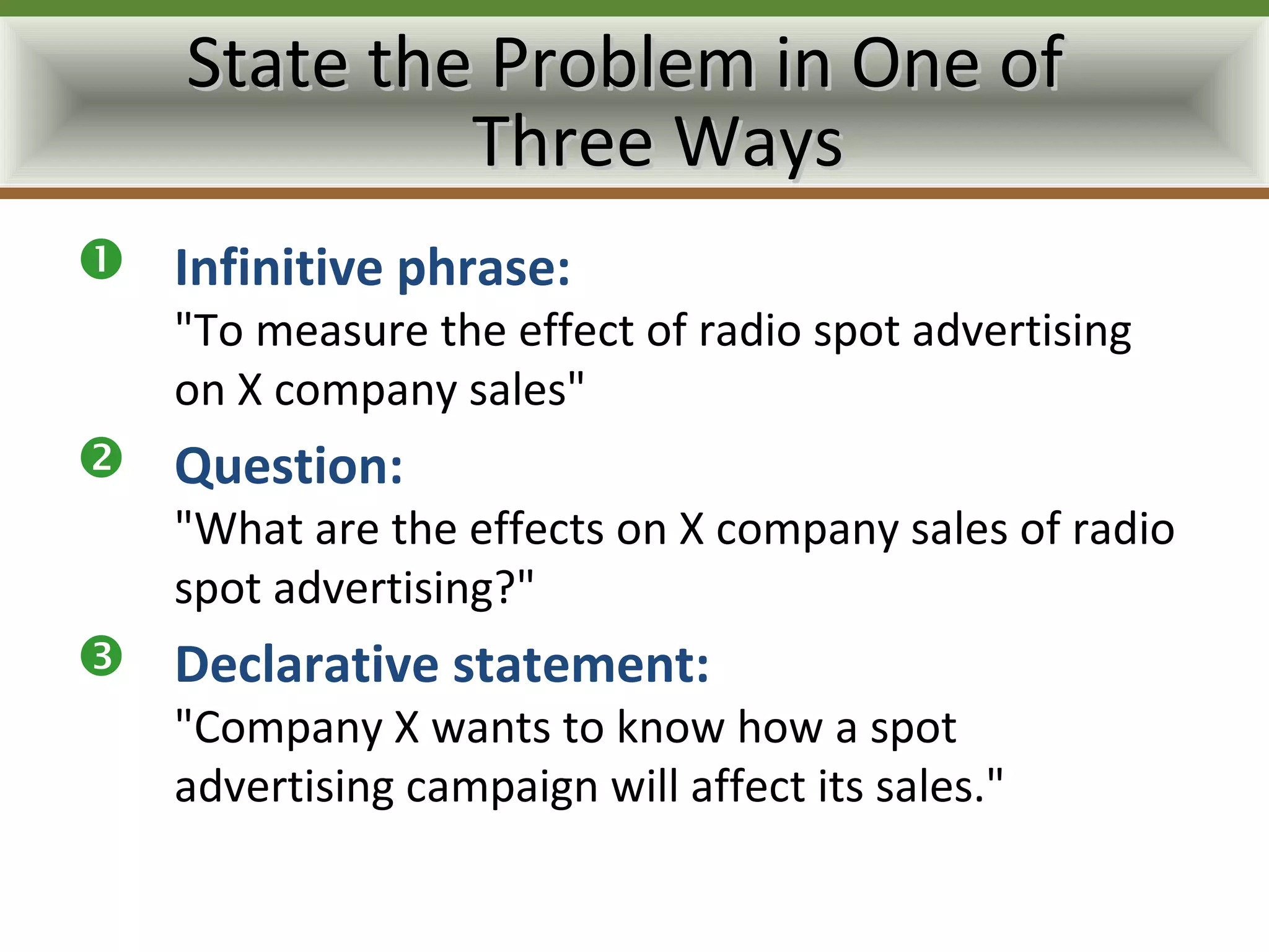 State the Problem in One of
             Three Ways
 Infinitive phrase:
   "To measure the effect of radio spot advertising
   on X company sales"
 Question:
   "What are the effects on X company sales of radio
   spot advertising?"
 Declarative statement:
   "Company X wants to know how a spot
   advertising campaign will affect its sales."
 