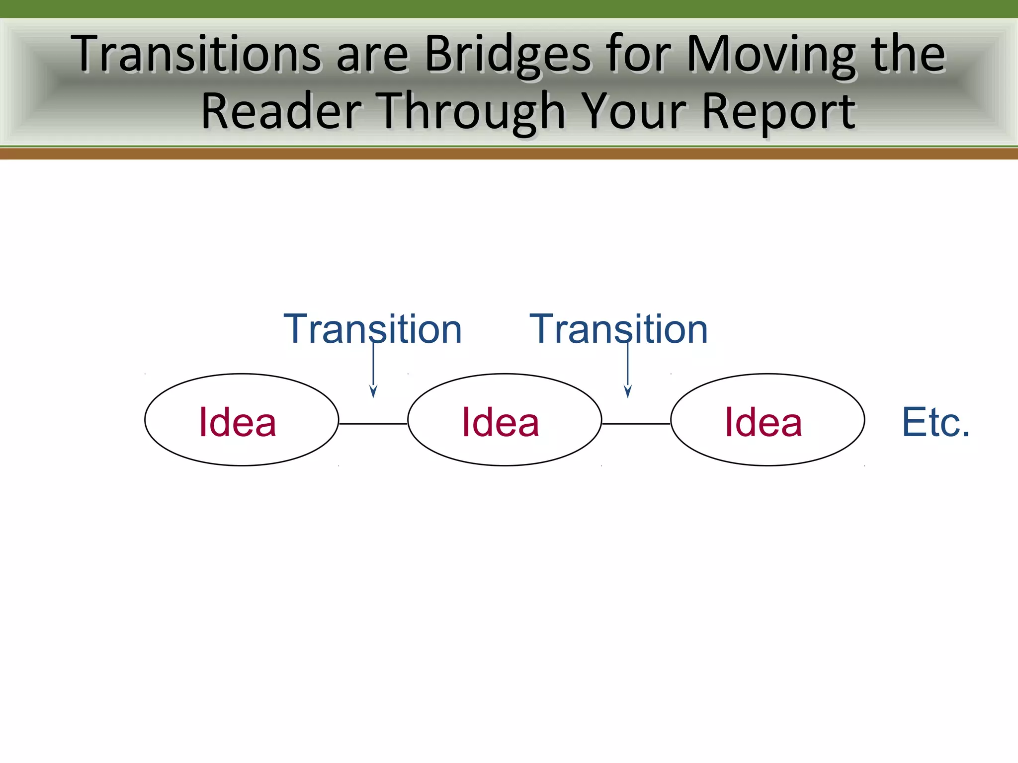 Transitions are Bridges for Moving the
     Reader Through Your Report


            Transition   Transition

     Idea            Idea             Idea   Etc.
 