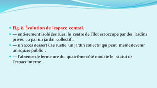  Fig. b. Évolution de l'espace central.
 — entièrement isolé des rues, le centre de l'îlot est occupé par des jardins
privés ou par un jardin collectif .
 — un accès dessert une ruelle un jardin collectif qui peut même devenir
un square public .
 — l'absence de fermeture du quatrième côté modifie le statut de
l'espace interne .
 