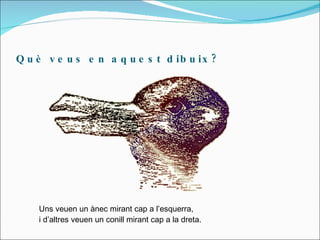 Què veus en aquest dibuix? Uns veuen un ànec mirant cap a l’esquerra, i d’altres veuen un conill mirant cap a la dreta. 