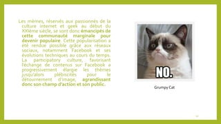 Les mèmes, réservés aux passionnés de la
culture internet et geek au début du
XXIème siècle, se sont donc émancipés de
cette communauté marginale pour
devenir populaire. Cette popularisation a
été rendue possible grâce aux réseaux
sociaux, notamment Facebook et ses
évolutions techniques au cours du temps.
La participatory culture, favorisant
l’échange de contenus sur Facebook a
progressivement élargie les thèmes
jusqu'alors plébiscités pour le
détournement d’image, agrandissant
donc son champ d’action et son public.
10
Grumpy Cat
 