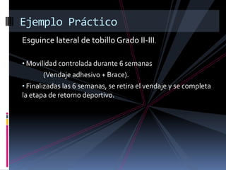 Esguince de Tobillo
Tratamiento:
 Inmovilización.
 Tratamiento funcional.
 Quirúrgico.
A pesar de las diferentes nuevas variantes para
realizar la inmovilización como materiales
plásticos o Walkers, ha perdido terreno en los
resultados finales con respecto a los otros
tratamientos.
 