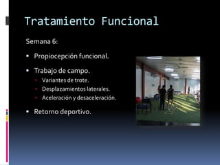 Tratamiento Funcional
Semana 3:
 Movilidad activa.
 Adaptación a la marcha y pre-trote.
 Crioterapia.
 Masoterapia (Cyriax).
 Bicicleta.
 