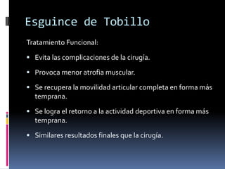 Esguince de Tobillo
 Clasificación según maniobra de bostezo en Rx
de frente (Anderson y Le Coq):
 Tipo I (leves): Bostezo lateral ausente o menor a 5°.
 Tipo II (moderados) Bostezo lateral entre 5° y 15°.
 Tipo III (graves), Bostezo mayor a 15°.
Rx bilateral y comparativa!
Frente: con bostezo lateral.
Perfil: con cajón.
 