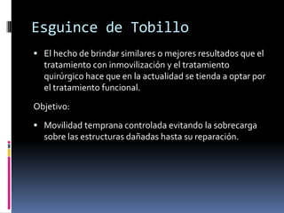 Diagnóstico Diferencial
Entorsis = Esguince?
 Movimiento articular brusco que supera los límites
normales de funcionamiento. (Torcedura)
 No todos los traumatismos articulares sin lesión
ósea son un esguince.
Lesión de partes blandas.
Lesión de los tendones peróneos. (Luxación, Lesión
de PLC o PLL)
Lesión ósea.
 