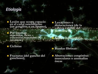 Etiología

   Lesión que ocupa espacio        Luxaciones o
    en el canal osteofibroso         dislocaciones (de la
    (un ganglión o un lipoma),       cabeza cubital, del
                                     pisiforme),
   Por traumas
    repetidos, flexo –
    extensión repetidos (+          Artritis inflamatoria,
    recuente)
   Ciclistas
                                    Bandas fibrosas

   Fracturas (del gancho del       Aberraciones congénitas
    ganchoso),                       musculares o anomalías
                                     óseas
 