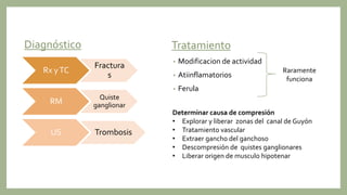Tratamiento
• Modificacion de actividad
• Atiinflamatorios
• Ferula
Raramente
funciona
Determinar causa de compresión
• Explorar y liberar zonas del canal de Guyón
• Tratamiento vascular
• Extraer gancho del ganchoso
• Descompresión de quistes ganglionares
• Liberar origen de musculo hipotenar
Rx yTC
Fractura
s
RM
Quiste
ganglionar
US Trombosis
Diagnóstico
 