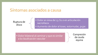 Síntomas asociados a causa
Ruptura de
disco
• Dolor en área de L5-S1 o en articulación
sacroiliaca.
• Aumento de dolor al toser, estornudar, pujar.
Compresión
de cauda
equina
• Dolor bilateral al caminar y que es similar
a la claudicación vascular
 