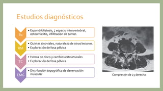 Estudios diagnósticos
Rx
• Espondilolistesis, ↓ espacio intervertebral,
osteomielitis, infiltración de tumor.
RM
• Quistes sinoviales, naturaleza de otras lesiones.
• Exploración de fosa pélvica
TC
• Hernia de disco y cambios estructurales
• Exploración de fosa pélvica
EMG
• Distribución topográfica de denervación
muscular Compresión de L5 derecha
 