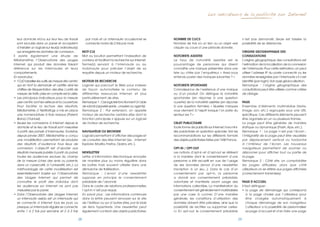 Les indicateurs de la publicité sur Internet




   leur domicile et/ou sur leur lieu de travail            par mois et un internaute occasionnel se         NOMBRE DE CLICS                                          n’est pas demandé. Seule est laissée la
   sont recrutés dans un panel et acceptent                connecte moins de 2 fois par mois.               Nombre de fois où un lien ou un objet «est               possibilité de se désinscrire.
   d’installer un logiciel sur leur(s) ordinateur(s)                                                        cliqué» au cours d’une période donnée.
   qui enregistre les données de connexion.              MOT-CLE                                                                                                     ORIGINE GEOGRAPHIQUE DES
Il existe également une étude de                         Mot ou locution permettant l’indexation de         NOTORIETE ASSISTEE                                       CONSULTATIONS
Médiamétrie, l’Observatoire des usages                   contenu et facilitant la recherche sur Internet.   Le taux de notoriété assistée est le                     L’origine géographique des consultations est
Internet, qui produit des données faisant                Terme(s) servant à l’internaute ou au              pourcentage de personnes qui disent                      l’estimation de la localisation de la connexion
référence sur les internautes et leurs                   mobinaute pour préciser l’objet de sa              connaître une marque présentée dans une                  de l’internaute. Pour cette estimation, on peut
comportements.                                           requête depuis un moteur de recherche.             liste ou citée par l’enquêteur. « Avez-vous              utiliser l’adresse IP du poste connecté ou les
En savoir plus :                                                                                            entendu parler des marques suivantes ? »                 données renseignées par l’internaute s’il s’est
•	 	’OJD	labellise	les	outils	de	mesure	site	centric	
   l                                                     MOTEUR DE RECHERCHE                                                                                         identifié (par login). Voir aussi géolocalisation.
   qui en font la demande et certifie ainsi les          Logiciel qui parcourt le Web pour indexer          NOTORIETE SPONTANEE                                      Remarque : l’origine géographique des
   chiffres de fréquentation des sites. L’unité de       de façon automatisée le contenu de                 Connaissance de l’existence d’une marque                 consultations peut être utilisée comme critère
   mesure de trafic prise en compte est la visite.       différentes ressources Internet, et plus           ou d’un produit. On distingue la notoriété               de ciblage.
•	 	 es	principaux	indicateurs	pour	la	mesure	
   L                                                     particulièrement de sites.                         spontanée (en réponse à une question
   user centric sont les visiteurs et la couverture.     Remarque 1 : Ces logiciels fonctionnent à l’aide   ouverte) de la notoriété assistée (en réponse            PAGE
   Pour faciliter la lecture des résultats,              de robots (appelés spide , crawlers ou agents).    à une question fermée). « Quelles marques                Ensemble d’éléments multimédias (texte,
   Médiamétrie // NetRatings a mis en place              Remarque 2 : Par extension, on appelle             vous viennent à l’esprit lorsque l’on parle du           image,	 son,	 etc.)	 regroupés	 sous	 une	 URL	
   une nomenclature à trois niveaux (Parent,             moteur de recherche certains sites dont la         secteur xxx ? »                                          spécifique. Ces différents éléments peuvent
   Brand, Channel).                                      fonction principale s’appuie sur un logiciel                                                                être organisés en un ou plusieurs frames.
•	 	 eules	les	connexions	à	Internet	depuis	le	
   S                                                     de moteur de recherche.                            OBJET PUBLICITAIRE                                       La page peut être générée de manière
   domicile et le lieu de travail sont mesurées                                                             Toute forme de publicité sur Internet, hors mini-        statique ou dynamique (Flash, Ajax, etc.).
   à partir des panels d’internautes. Toutefois,         NAVIGATEUR OU BROWSER                              site publicitaire et opération spéciale. Voir les        Remarque 1 : La page n’est pas l’écran :
   depuis janvier 2007, Médiamétrie a conçu              Logiciel permettant d’afficher des pages et        recommandations sur les différents formats               l’intégralité de la page peut être visualisée
   une modélisation permettant de produire               de consulter des sites Internet (ex. : Internet    des objets publicitaires faites par l’IAB France.        par déplacement vertical ou horizontal
   des résultats d’audience tous lieux de                Explorer, Mozilla, Firefox, Opéra, etc.).                                                                   à l’intérieur de l’écran. Les nouveaux
   connexion. L’objectif est d’ajouter aux                                                                  OPT-IN / OPT-OUT                                         navigateurs permettent de zoomer ou
   résultats mensuels publiés à partir du panel,         NEWSLETTER                                         Les notions d’opt-in et d’opt-out se réfèrent            dézoomer pour afficher tout ou partie de
   toutes les audiences exclues du champ                 Lettre d’information électronique envoyée          à la manière dont le consentement d’une                  la page.
   de la mesure (chez des amis ou parents,               de manière plus ou moins régulière dans            personne a été recueilli en vue de l’usage               Remarque 2 : Côté site, on comptabilise
   dans un cybercafé, à l’université, etc.). La          les boîtes mail, souvent utilisée dans une         de ses données (envoi d’une newsletter,                  les pages diffusées, alors que côté
   méthodologie de cette modélisation est                démarche de fidélisation.                          inscription à un jeu...). Dans le cas d’un               utilisateurs on se réfère aux pages affichées
   essentiellement	 basée	 sur	 l’Observatoire	          Remarque : L’envoi d’une newsletter                consentement par opt-in, la personne                     (correctement transmises).
   des Usages Internet qui permet de                     suppose en principe le consentement                a donné son consentement préalable,
   connaître le profil des individus dont                préalable de l’abonné.                             volontaire et manifeste avant usage des                  PAGE D’ACCUEIL
   les audiences sur Internet ne sont pas                Dans le cadre de relations professionnelles,       informations collectées. La manifestation du             Il faut distinguer :
   mesurées par le panel.                                l’opt-in n’est pas requis.                         consentement est généralement matérialisée               •	 	a	 page	 de	 démarrage	 qui	 correspond	
                                                                                                                                                                         l
•	 	 ans	 l’Observatoire	 des	 Usages	 Internet,	
   D                                                     En savoir plus : Les informations contenues        par une case à cocher. D’une manière                         à la page choisie par l’utilisateur pour
   un internaute assidu est un internaute qui            dans la lettre peuvent renvoyer sur le site        générale, les conditions d’utilisation des                   être chargée automatiquement à
   se connecte à Internet tous les jours ou              de l’éditeur ou sur d’autres sites, par le biais   données doivent être précisées, ainsi que la                 chaque démarrage de son navigateur.
   presque, un internaute régulier se connecte           de liens hypertexte. Une newsletter peut           possibilité de rectifier ou supprimer celles-                L’utilisateur a la possibilité de personnaliser
   entre 1 à 2 fois par semaine et 2 à 3 fois            également contenir des objets publicitaires.       ci. En opt-out, le consentement préalable                    sa page d’accueil et d’en faire une page

                                                    28                                                                                                          29
 