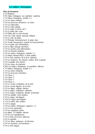 Les indices biologiques
Plan du document:
€ I.€ Définition
€ II.€ Indice biologique aux maxillaire supérieur
€ 1.€ Indices biologiques positifs (+)
€ 1.€ Les dents résiduels
€ 2.€ Les processes alvéolaires ou crêtes
€ 3.€ Les tubérosités
€ 4.€ La voûte palatine
€ 1.€ Le palais en forme de U
€ 2.€ Le palais plus court
€ 3.€ Palais plat ou crête absente
€ 4.€ Une voûte ogivale (presque oblique)
€ 5.€ Le voile du palais
€ 1.€ Prolonge horizontalement le palais dure
€ 2.€ Tombe brusquement à partir du bord postérieur
€ 3.€ Le palais mou intermédiaire
€ 6.€ Le sillon ptérygo-maxillaire
€ 7.€ Les poches para-tubérositaires
€ 8.€ Les fossettes palatines
€ 2.€ Les indices biologiques négatifs (-)
€ 1.€ Suture intermaxillaire et torus palatin
€ 2.€ Le frein antérieur de la lèvre supérieur
€ 3.€ Les insertions des muscles canines droit et gauche
€ 4.€ La papille rétro incisive
€ 5.€ Les zones de schröeder
€ III.€ Les indices biologiques au maxillaire inférieur
€ 1.€ Indices biologiques positifs (+)
€ 1.€ Les dents résiduelles
€ 2.€ Les processes alvéolaires
€ 1.€ Classe 1
€ 2.€ Classe 2
€ 3.€ Classe 3
€ 4.€ Classe 4
€ 3.€ Le versant vestibulaire de la crête
€ 4.€ Le versant linguale de la crête
€ 5.€ Les lignes obliques internes
€ 6.€ La région vestibulaire antérieure
€ 7.€ La région vestibulaire latérale postérieure
€ 8.€ Les papilles rétro-molaires
€ 9.€ La région sub-linguale
€ 10.€ La région para-linguale
€ 11.€ La niche rétro molaire
€ 12.€ La langue
€ 2.€ Les indices biologiques négatives (-)
€ 1.€ Le trou mentonnier
€ 2.€ Les apophyses génies
€ Les lignes 3.€ obliques internes
€ 4.€ Les tori mandibulaires
€ 5.€ Le frein de la lèvre inférieure
€ 6.€ Le nodiolus
€ 7.€ Les fibres antérieures du Masséter
€ 8.€ Les insertions du buccinateur
€ 9.€ Le frein lingual.
 