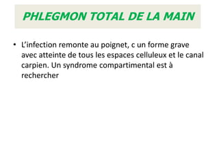 PHLEGMON TOTAL DE LA MAIN

• L’infection remonte au poignet, c un forme grave
  avec atteinte de tous les espaces celluleux et le canal
  carpien. Un syndrome compartimental est à
  rechercher
 