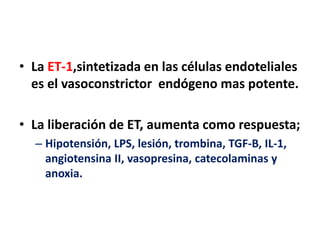 • La ET-1,sintetizada en las células endoteliales
es el vasoconstrictor endógeno mas potente.
• La liberación de ET, aumenta como respuesta;
– Hipotensión, LPS, lesión, trombina, TGF-B, IL-1,
angiotensina II, vasopresina, catecolaminas y
anoxia.
 
