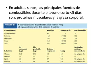 • En adultos sanos, las principales fuentes de
combustibles durante el ayuno corto <5 días
son: proteínas musculares y la grasa corporal.
 